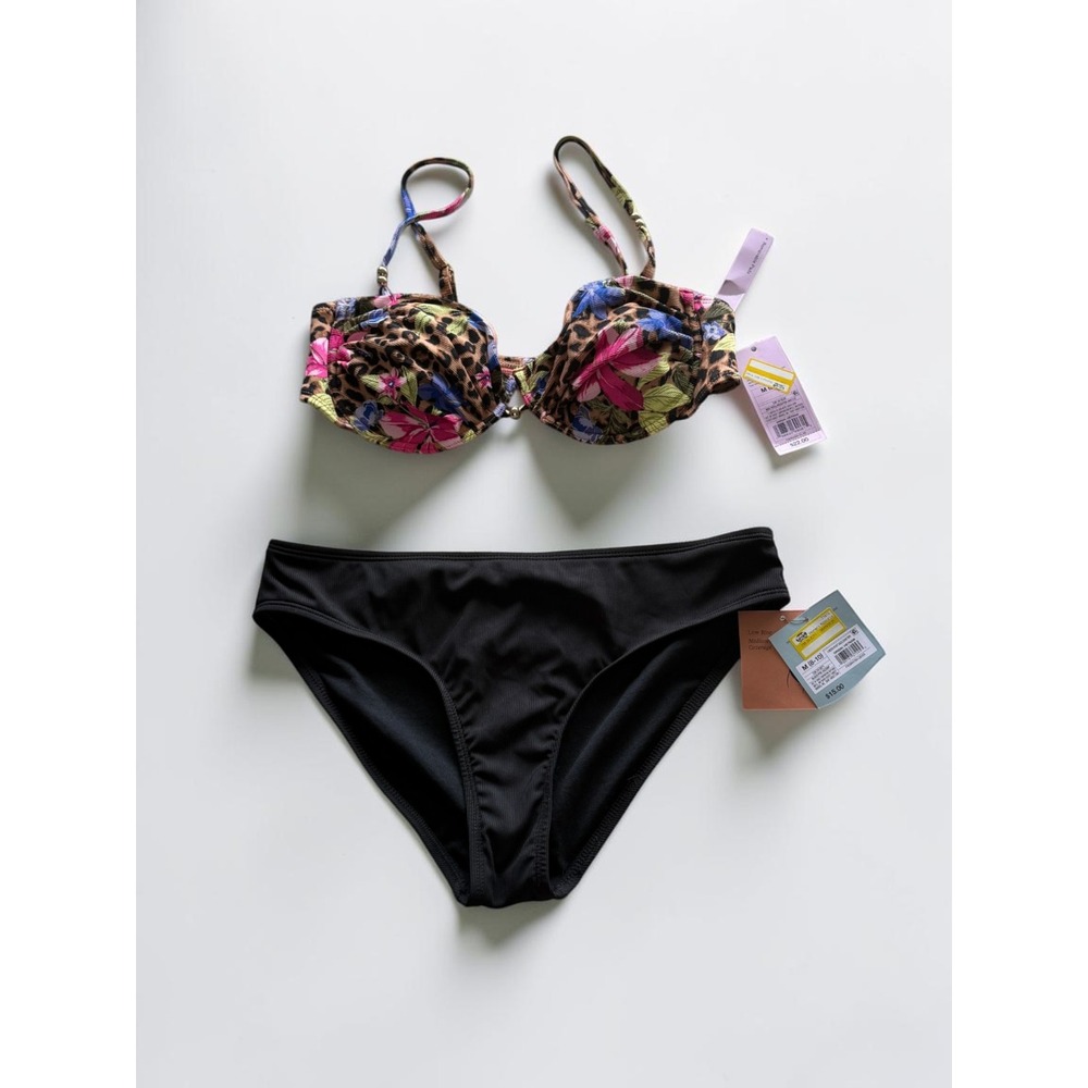 Wild Fable Floral Leopard Bikini Top & Shade Shore Ribbed Bottoms Set Womens M